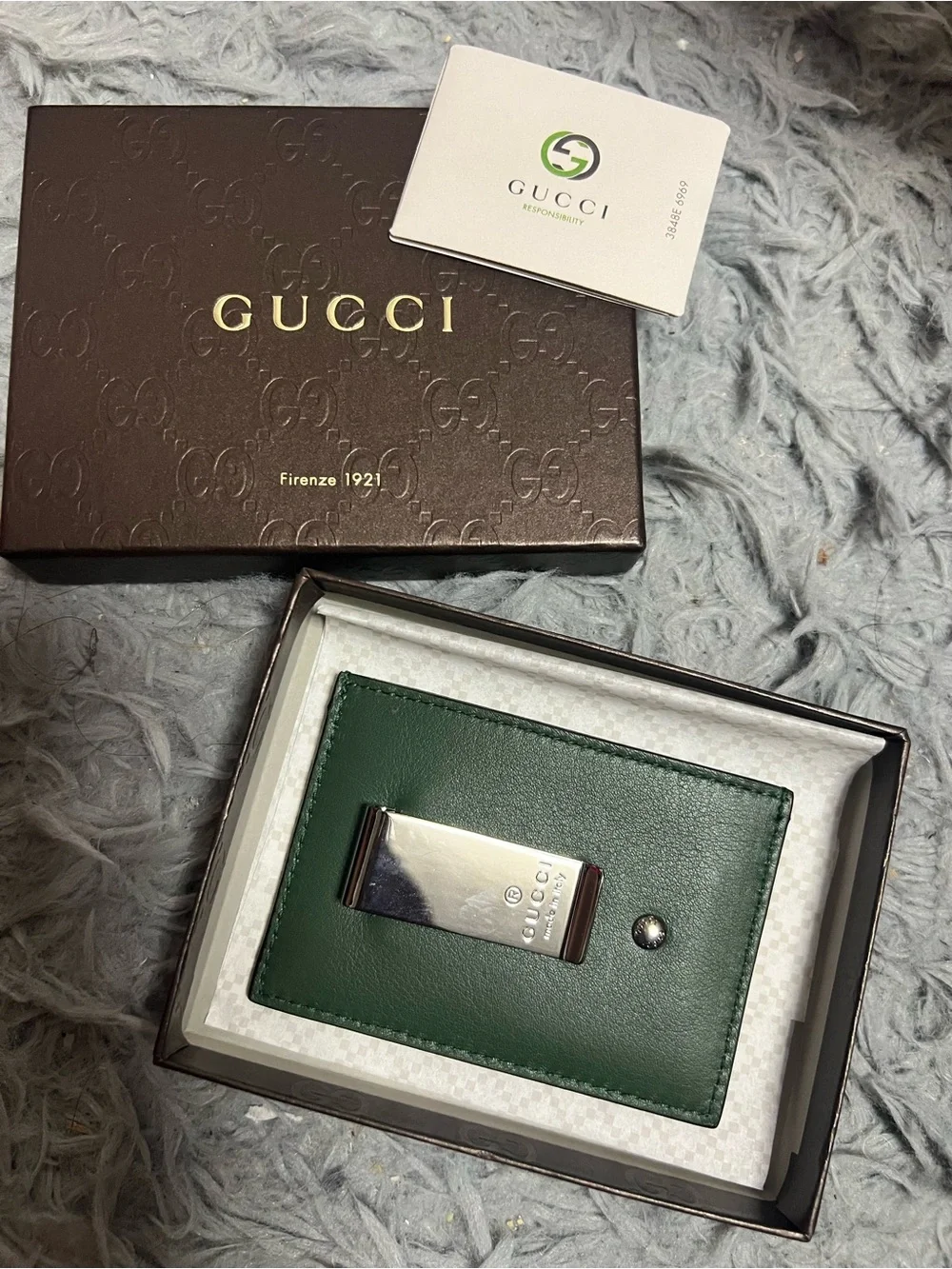 *NWT* Gucci Dark Green Embossed GG Leather Card Holder With Money Clip